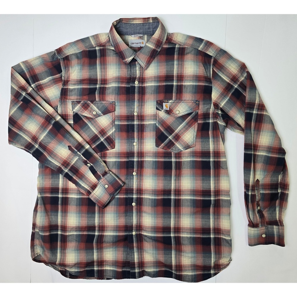 Carhartt Button Down Shirt Mens XL Red Blue Plaid Relaxed Fit Long Sleeve Snap - Picture 2 of 11
